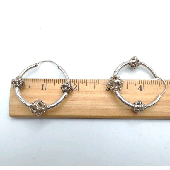 Antique Eastern European Slavic Sterling Silver Tribal Folk Hoop Earrings 15.6g - Picture 7 of 8